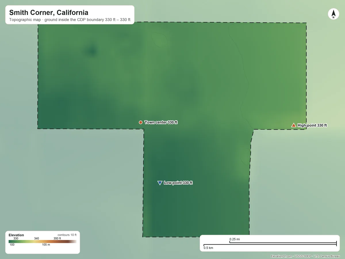 Topographic elevation map of Smith Corner, California, shaded from 330 ft on the south side to 330 ft on the east side