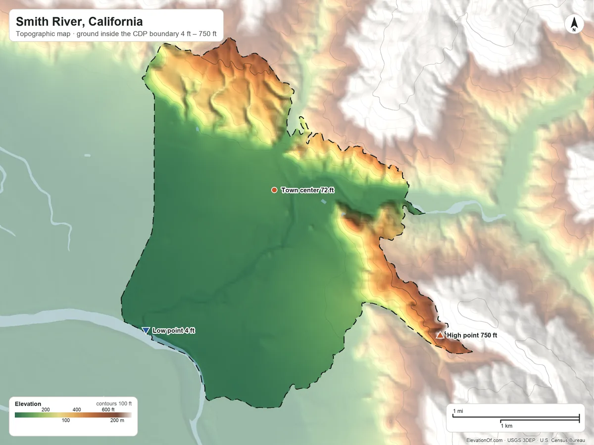 Topographic elevation map of Smith River, California, shaded from 4 ft on the southwest side to 750 ft on the southeast edge, below higher ground just outside