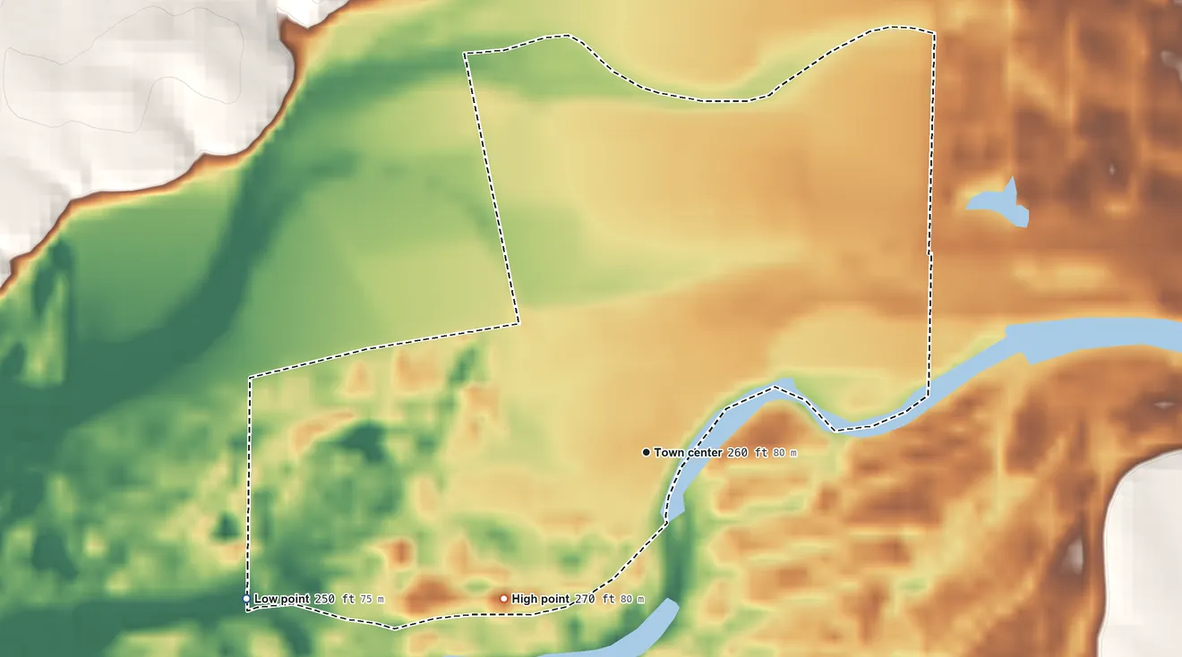Topographic elevation map of Snelling, California, shaded from 250 ft on the west side to 270 ft on the southwest side