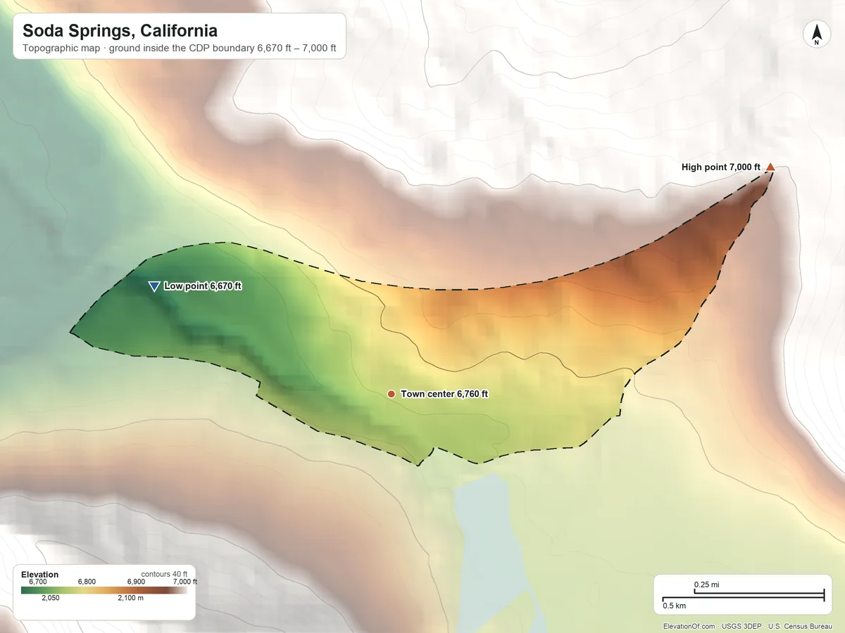 Topographic elevation map of Soda Springs, California, shaded from 6,670 ft on the northwest side to 7,000 ft at the foot of the Sagehen Hills