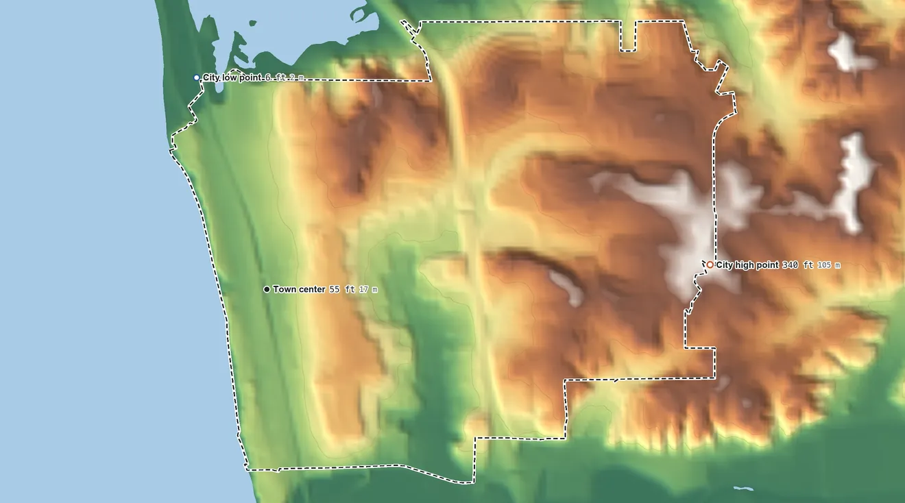 Topographic elevation map of Solana Beach, California, shaded from 6 ft on the north side to 340 ft on the east side