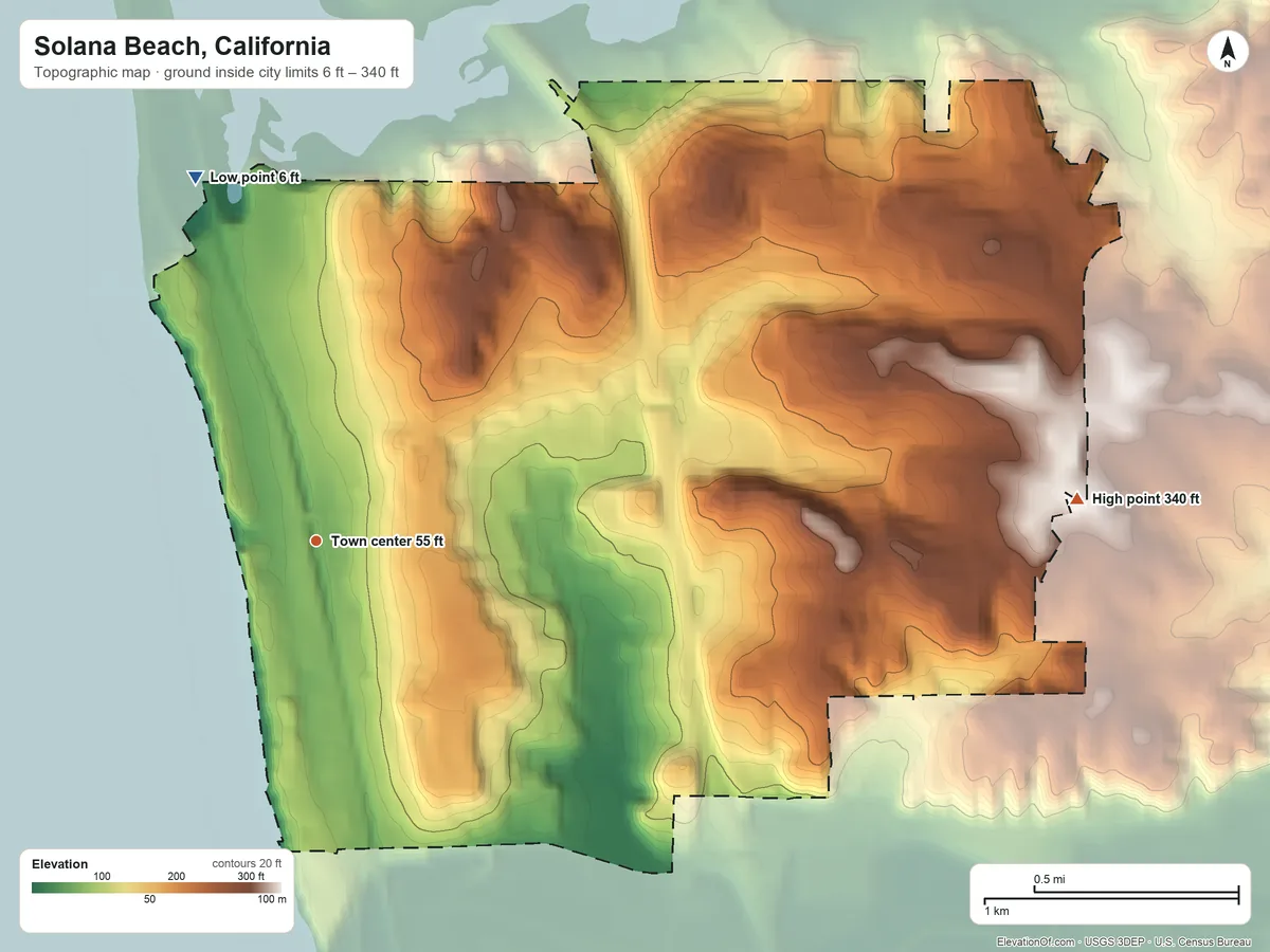 Topographic elevation map of Solana Beach, California, shaded from 6 ft on the north side to 340 ft on the east side