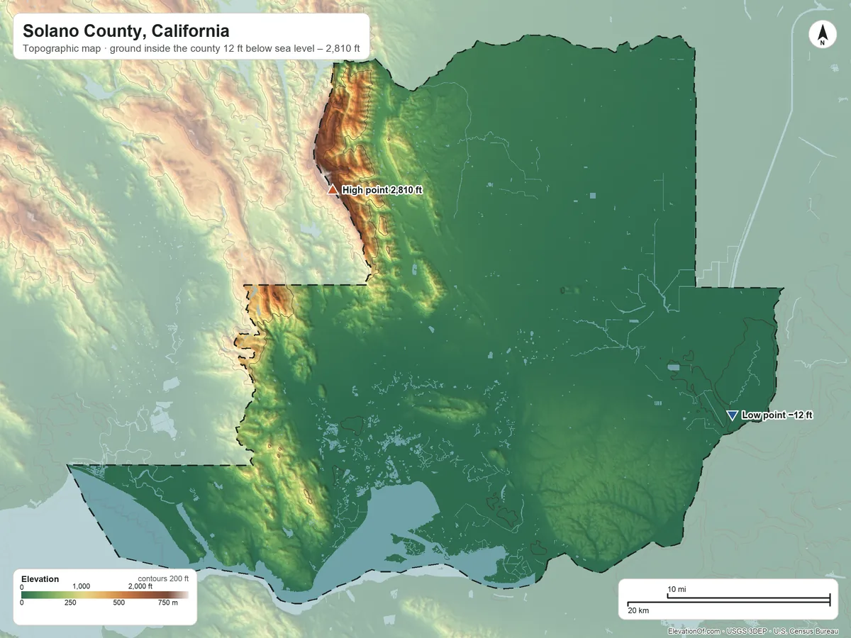Topographic elevation map of Solano County, California, shaded from 12 ft below sea level on the east side to 2,810 ft on the northwest side