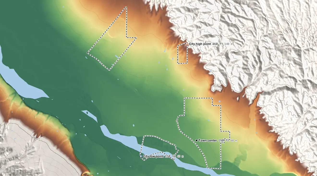Topographic elevation map of Soledad, California, shaded from 150 ft on the west side to 460 ft at the foot of the Gabilan Range