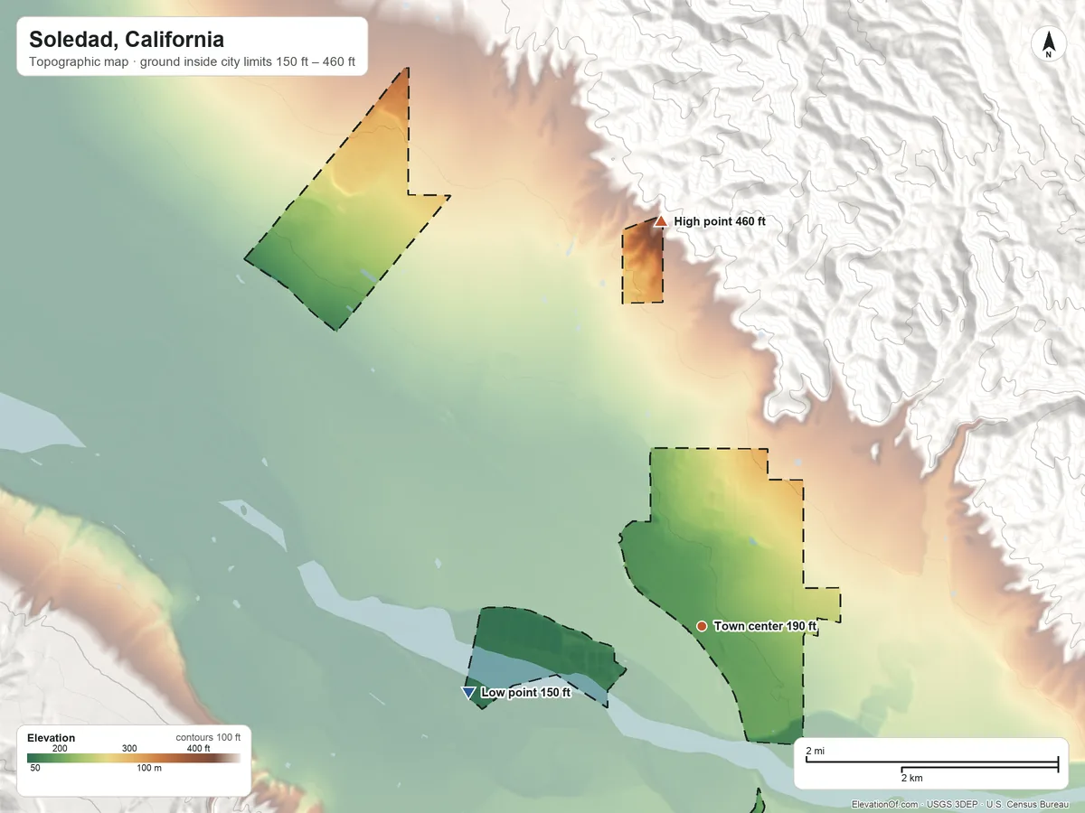 Topographic elevation map of Soledad, California, shaded from 150 ft on the west side to 460 ft at the foot of the Gabilan Range