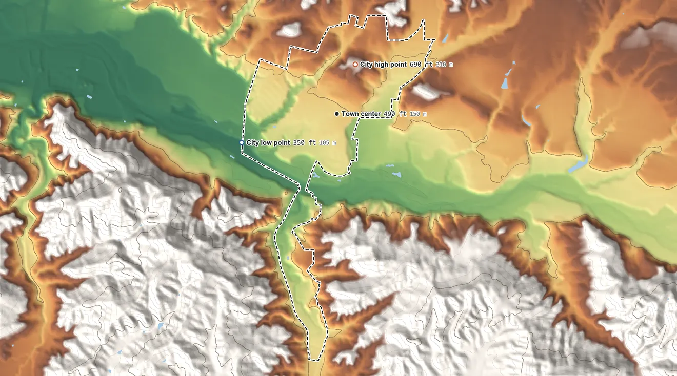Topographic elevation map of Solvang, California, shaded from 350 ft on the west side to 690 ft on the north side