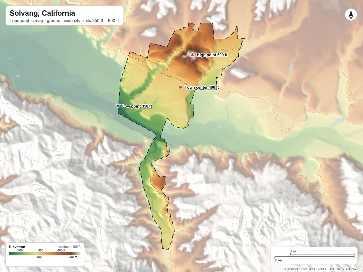 Topographic elevation map of Solvang, California, shaded from 350 ft on the west side to 690 ft on the north side