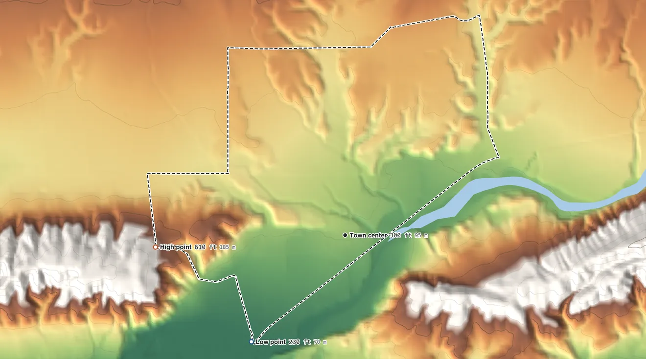 Topographic elevation map of Somis, California, shaded from 230 ft on the southwest side to 610 ft on the west side