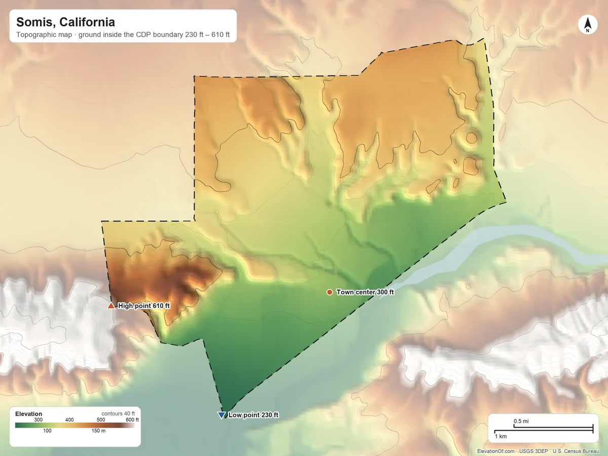 Topographic elevation map of Somis, California, shaded from 230 ft on the southwest side to 610 ft on the west side