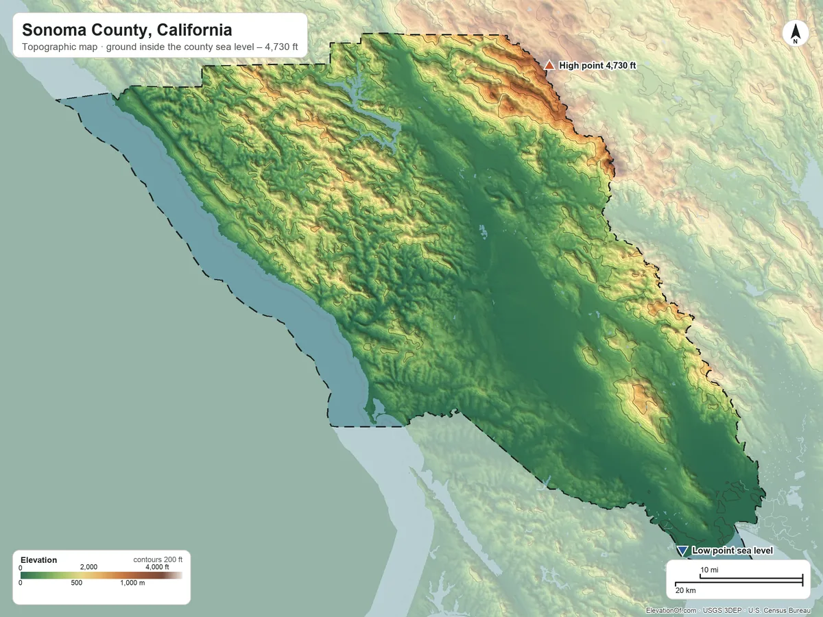 Topographic elevation map of Sonoma County, California, shaded from sea level on the Petaluma River to 4,730 ft on Cobb Mountain