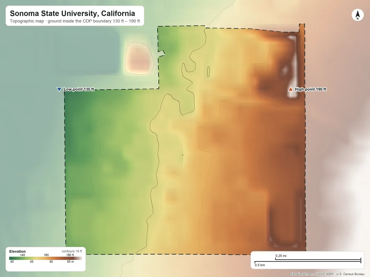 Topographic elevation map of Sonoma State University, California, shaded from 130 ft on the northwest side to 190 ft at the foot of the Sonoma Mountains