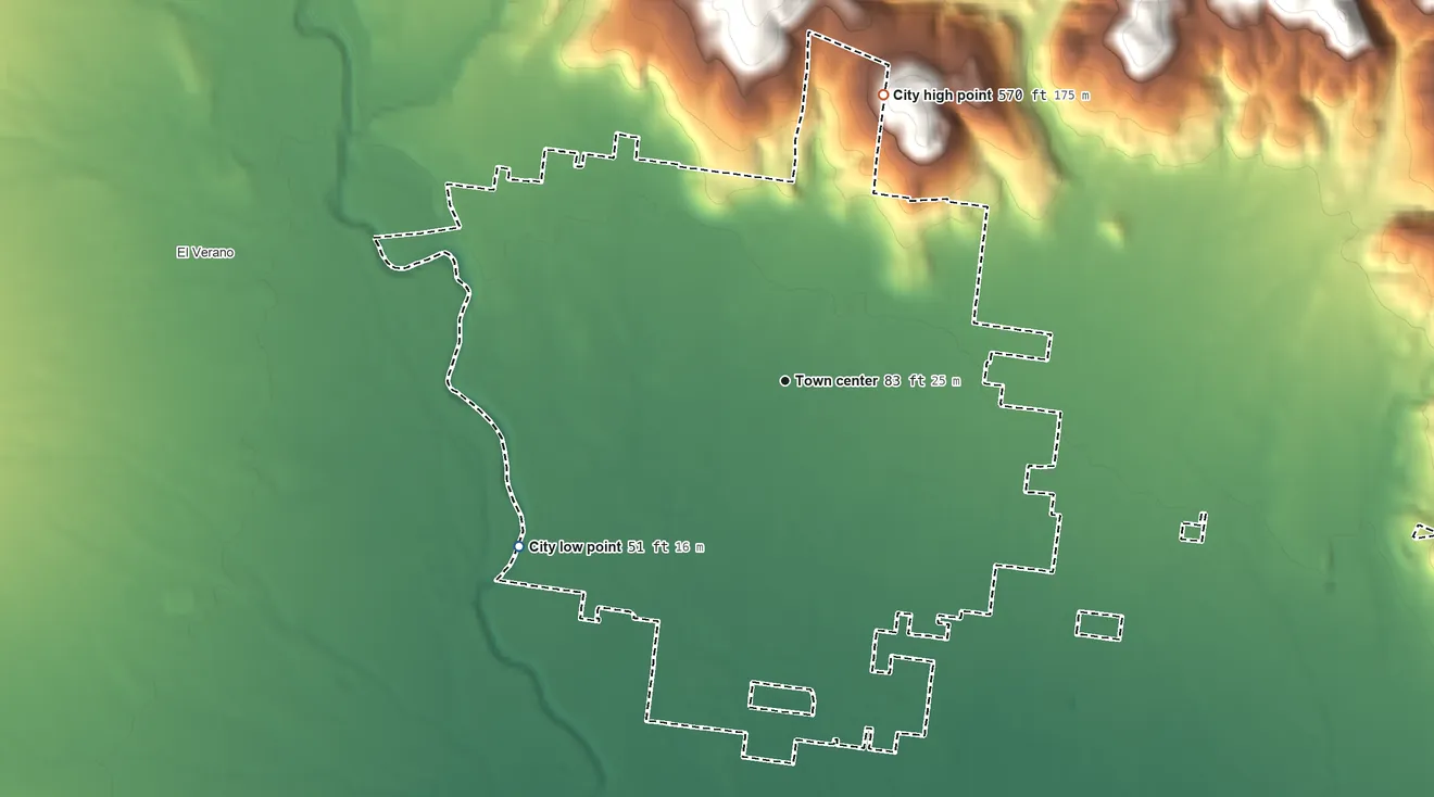Topographic elevation map of Sonoma, California, shaded from 51 ft on the southwest side to 570 ft on the north edge, below higher ground just outside
