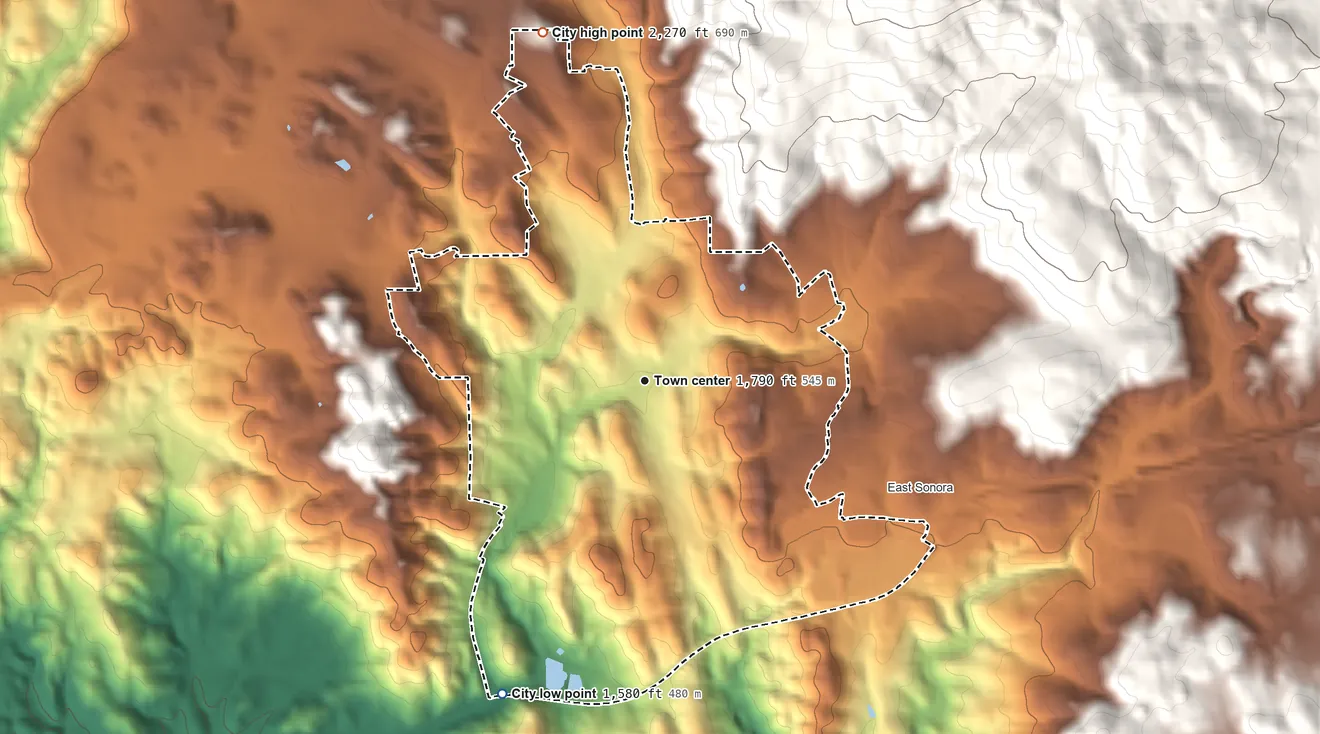 Topographic elevation map of Sonora, California, shaded from 1,580 ft on the southwest side to 2,270 ft at the foot of the Red Hills