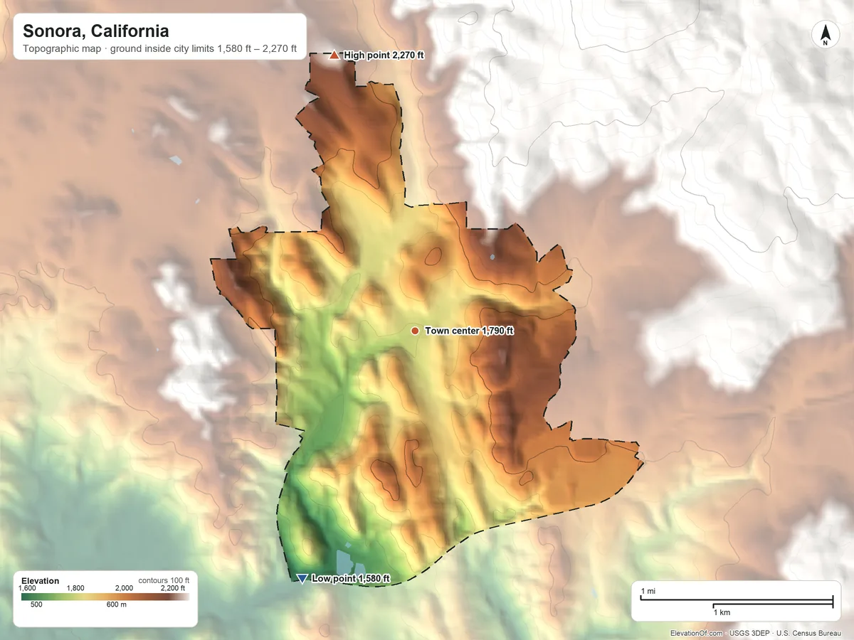 Topographic elevation map of Sonora, California, shaded from 1,580 ft on the southwest side to 2,270 ft at the foot of the Red Hills