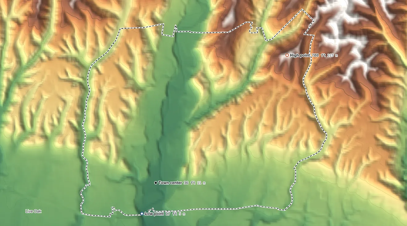 Topographic elevation map of Soquel, California, shaded from 17 ft on the southwest side to 700 ft on the northeast side