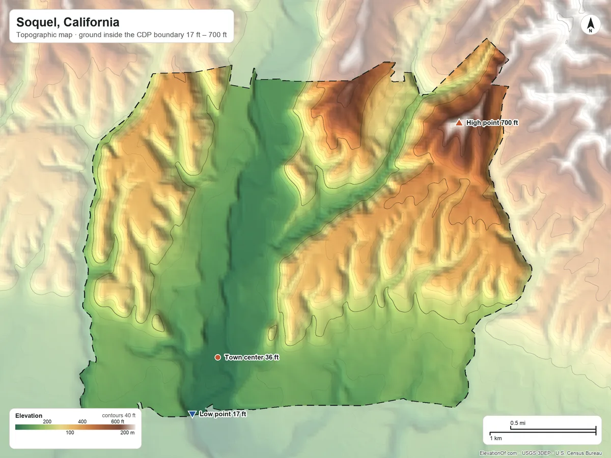 Topographic elevation map of Soquel, California, shaded from 17 ft on the southwest side to 700 ft on the northeast side