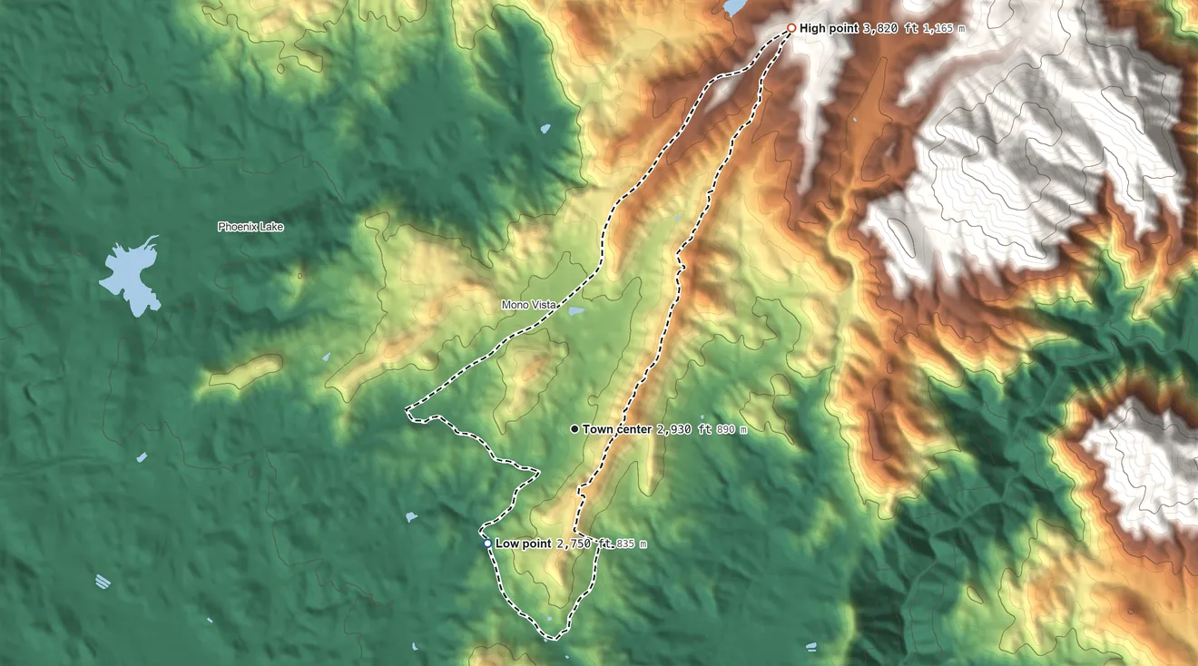 Topographic elevation map of Soulsbyville, California, shaded from 2,750 ft on the southwest side to 3,820 ft at the foot of the Red Hills