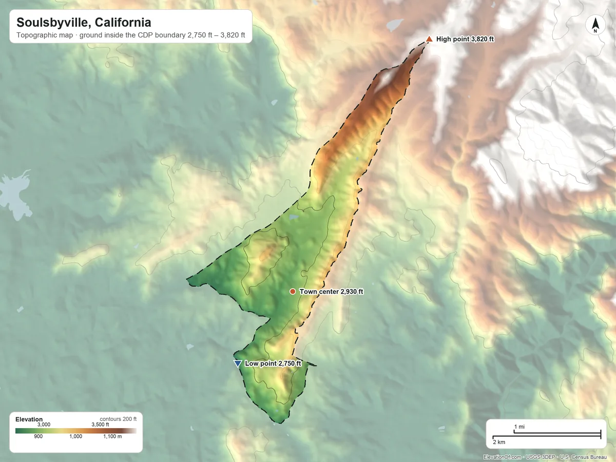 Topographic elevation map of Soulsbyville, California, shaded from 2,750 ft on the southwest side to 3,820 ft at the foot of the Red Hills