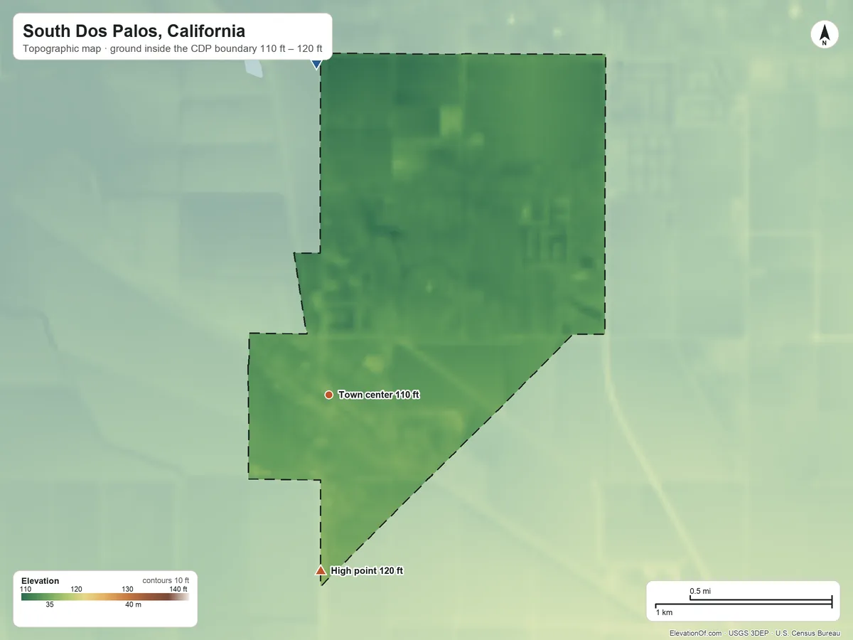 Topographic elevation map of South Dos Palos, California, shaded from 110 ft on the north side to 120 ft on the south side