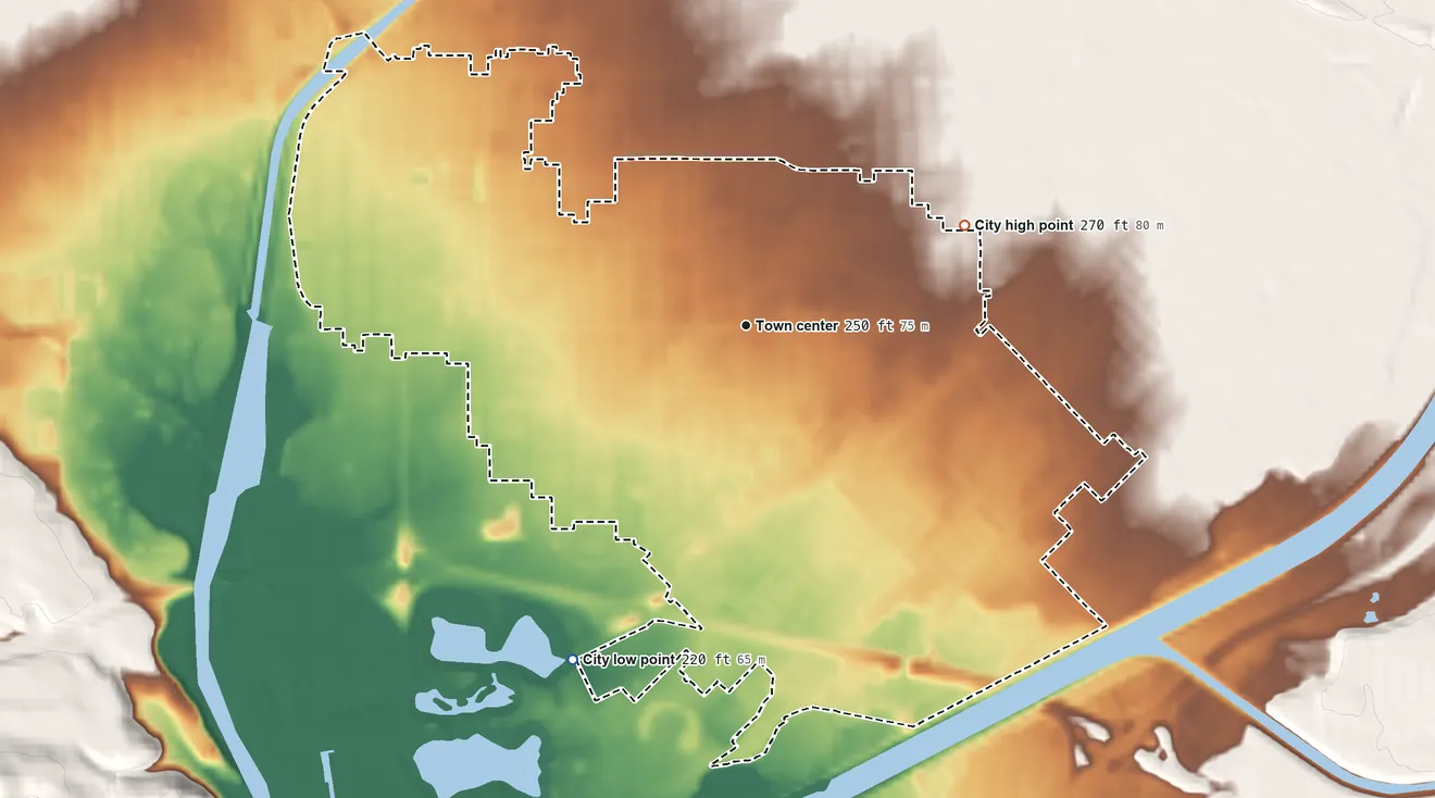 Topographic elevation map of South El Monte, California, shaded from 220 ft on the southwest side to 270 ft on the northeast side