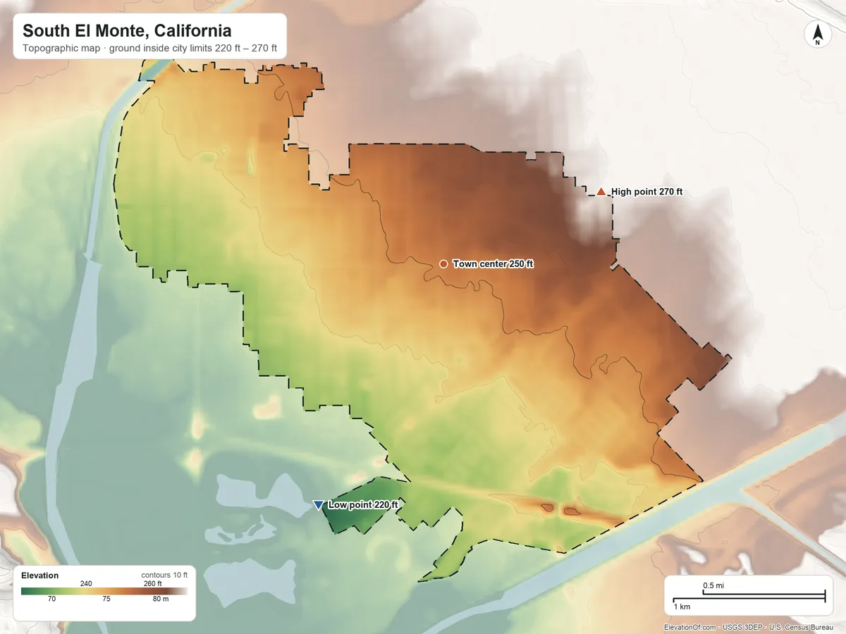 Topographic elevation map of South El Monte, California, shaded from 220 ft on the southwest side to 270 ft on the northeast side