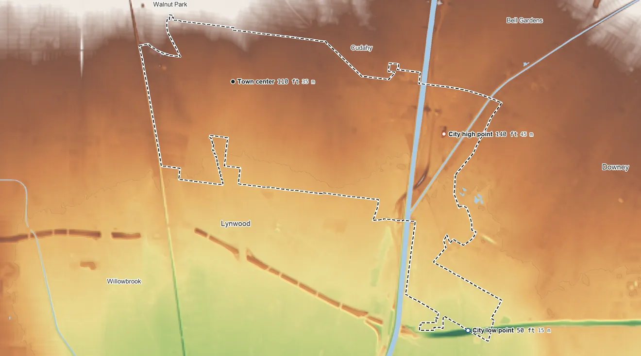 Topographic elevation map of South Gate, California, shaded from 50 ft on the southeast side to 140 ft on the east side