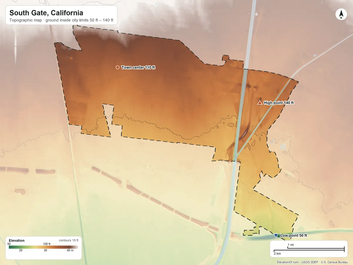 Topographic elevation map of South Gate, California, shaded from 50 ft on the southeast side to 140 ft on the east side