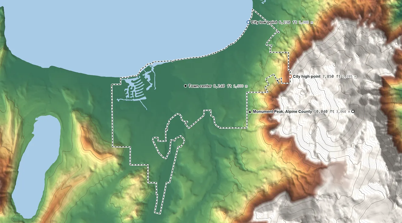 Topographic elevation map of South Lake Tahoe, California, shaded from 6,230 ft on the northeast side to 7,850 ft at the foot of the Crystal Range
