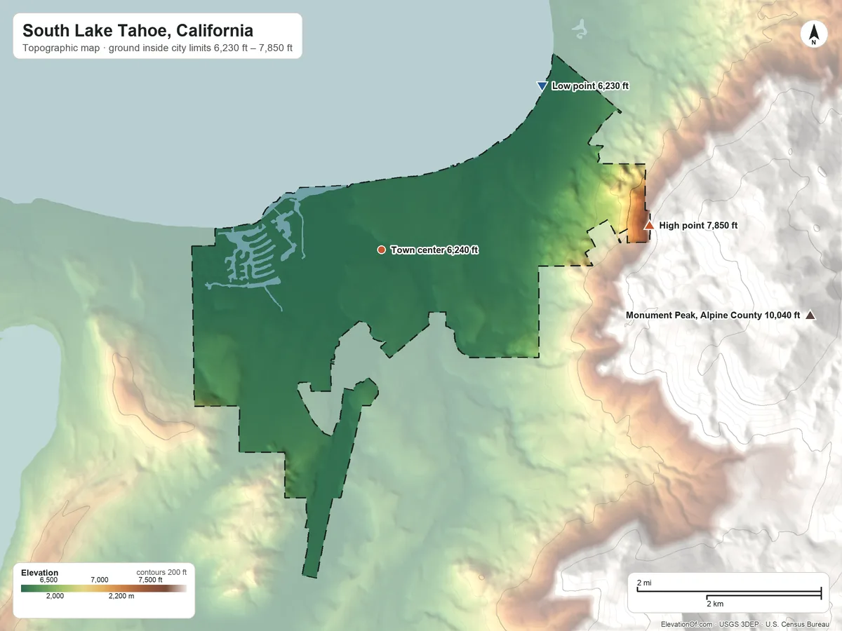 Topographic elevation map of South Lake Tahoe, California, shaded from 6,230 ft on the northeast side to 7,850 ft at the foot of the Crystal Range