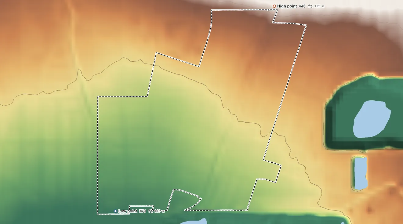 Topographic elevation map of South Monrovia Island, California, shaded from 370 ft on the southwest side to 440 ft at the foot of the South Hills