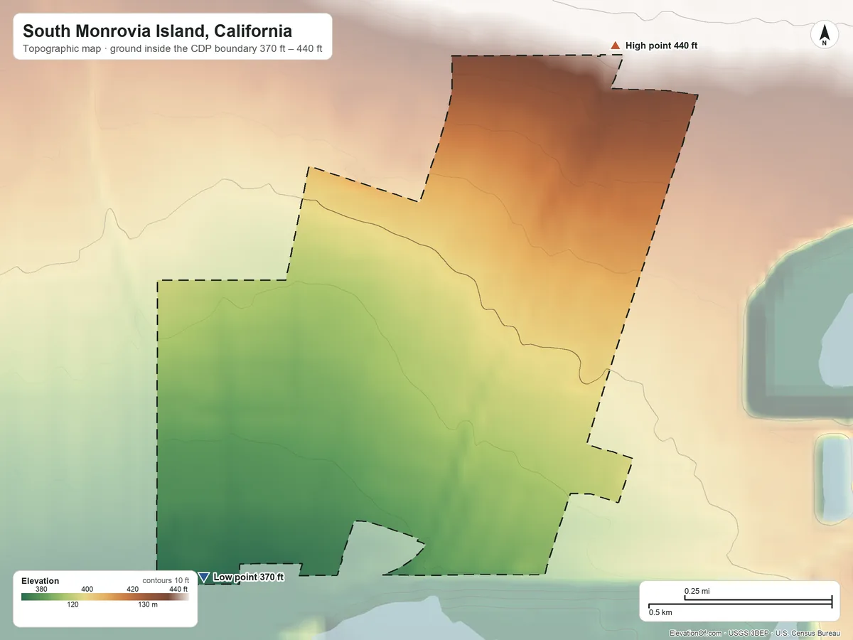 Topographic elevation map of South Monrovia Island, California, shaded from 370 ft on the southwest side to 440 ft at the foot of the South Hills