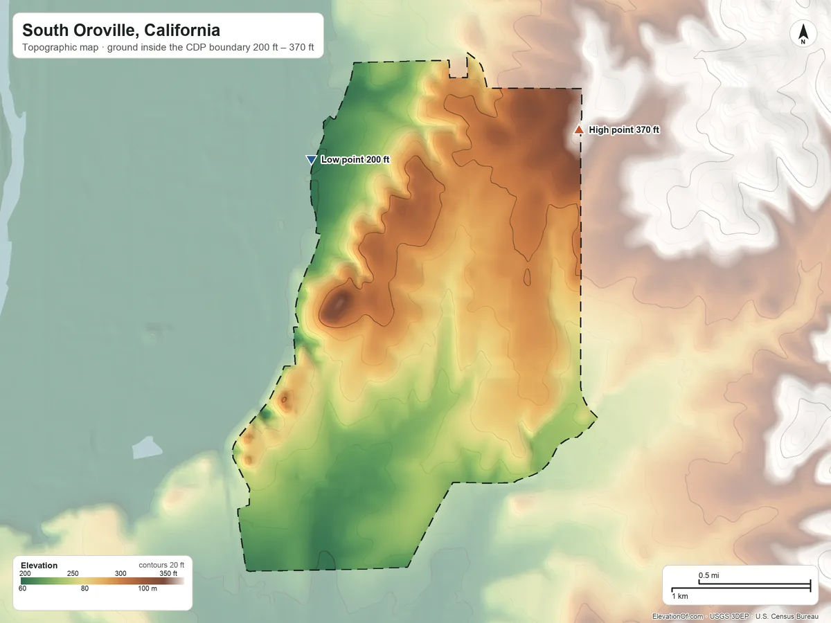 Topographic elevation map of South Oroville, California, shaded from 200 ft on the northwest side to 370 ft on the northeast side