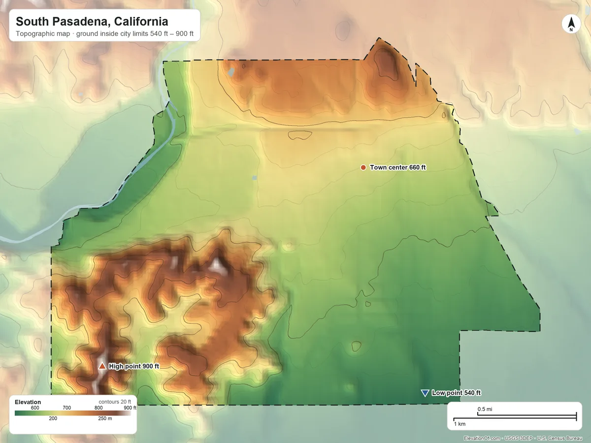 Topographic elevation map of South Pasadena, California, shaded from 540 ft on the south side to 900 ft on the southwest side