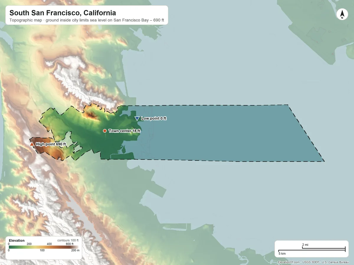 Topographic elevation map of South San Francisco, California, shaded from sea level level on San Francisco Bay to 690 ft at the foot of the San Miguel Hills