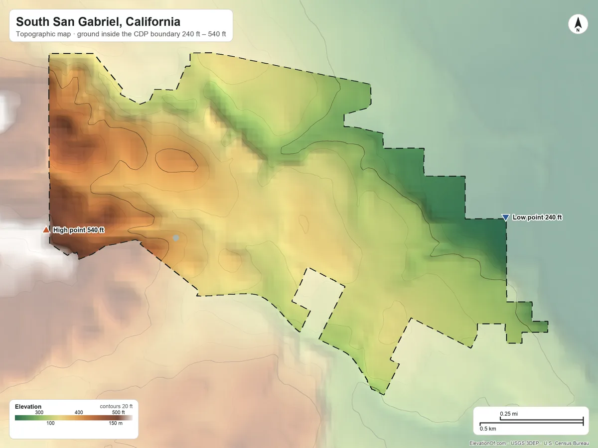 Topographic elevation map of South San Gabriel, California, shaded from 240 ft on the east side to 540 ft on the west side