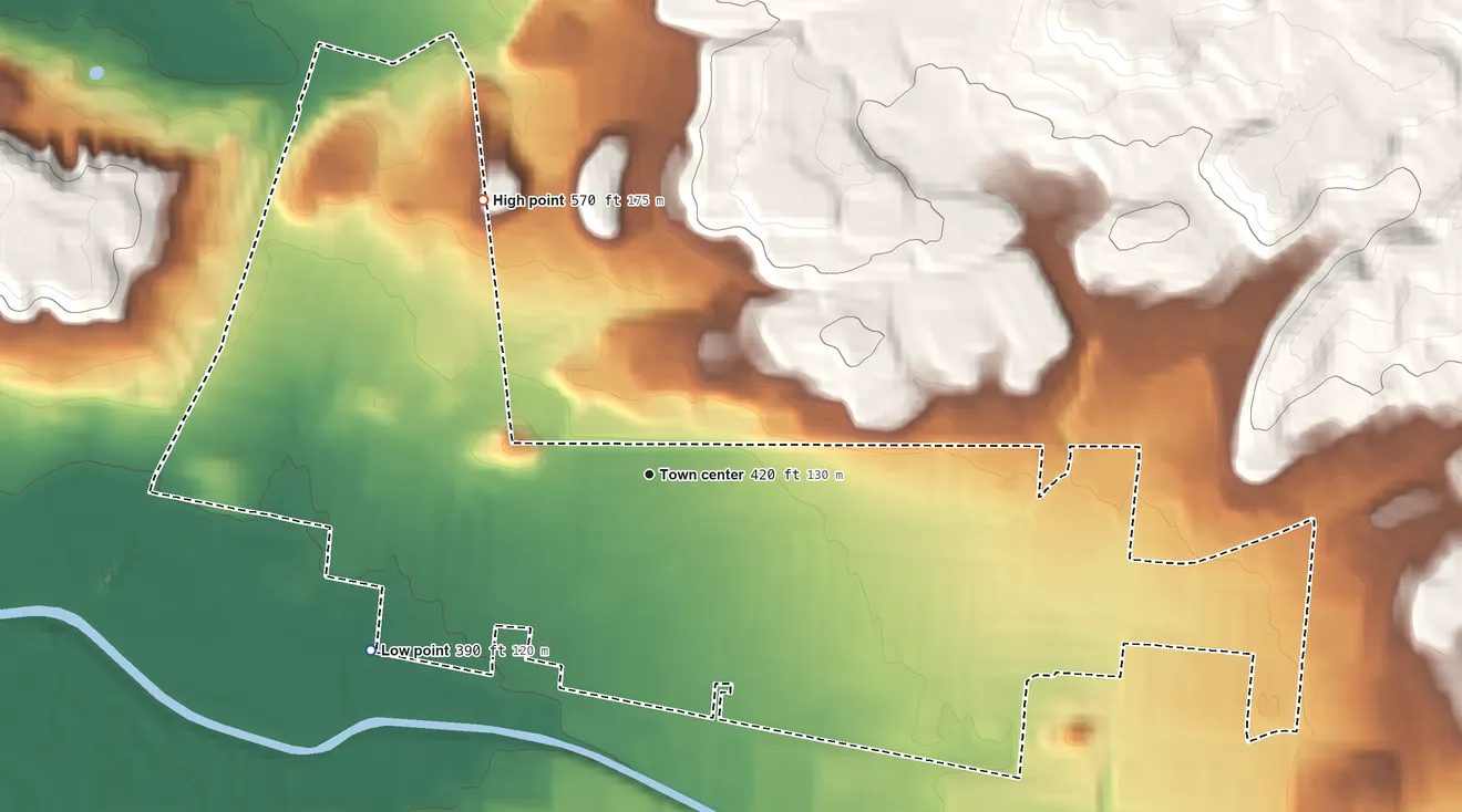 Topographic elevation map of South San Jose Hills, California, shaded from 390 ft on the southwest side to 570 ft at the foot of the San Jose Hills