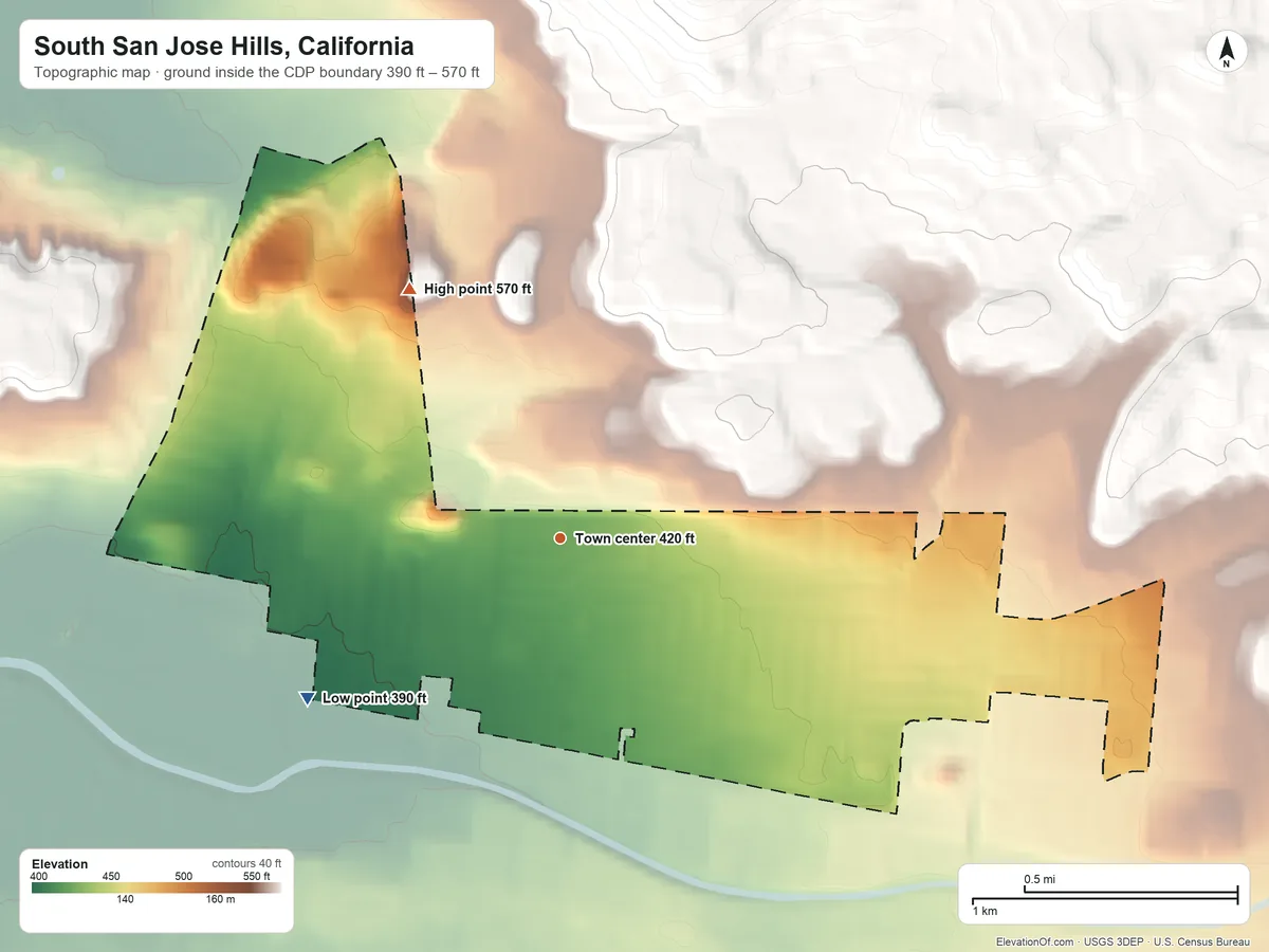 Topographic elevation map of South San Jose Hills, California, shaded from 390 ft on the southwest side to 570 ft at the foot of the San Jose Hills