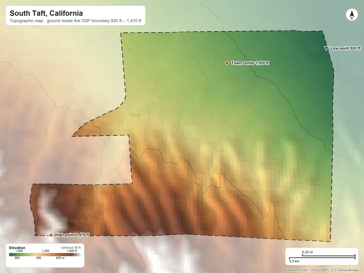 Topographic elevation map of South Taft, California, shaded from 920 ft on the east side to 1,470 ft at the foot of the Little Signal Hills