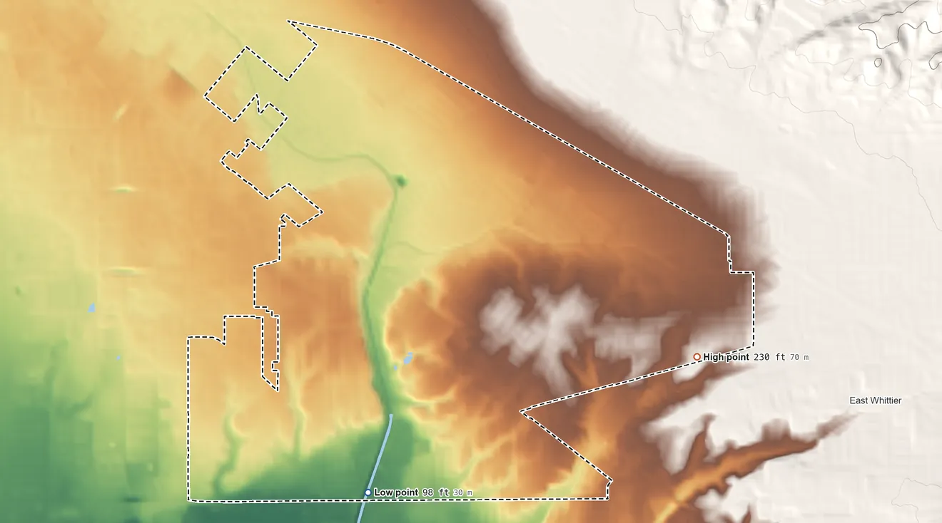 Topographic elevation map of South Whittier, California, shaded from 98 ft on the south side to 230 ft on the east side