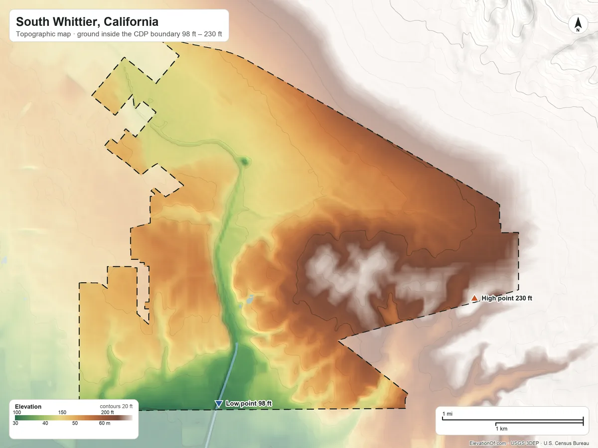 Topographic elevation map of South Whittier, California, shaded from 98 ft on the south side to 230 ft on the east side
