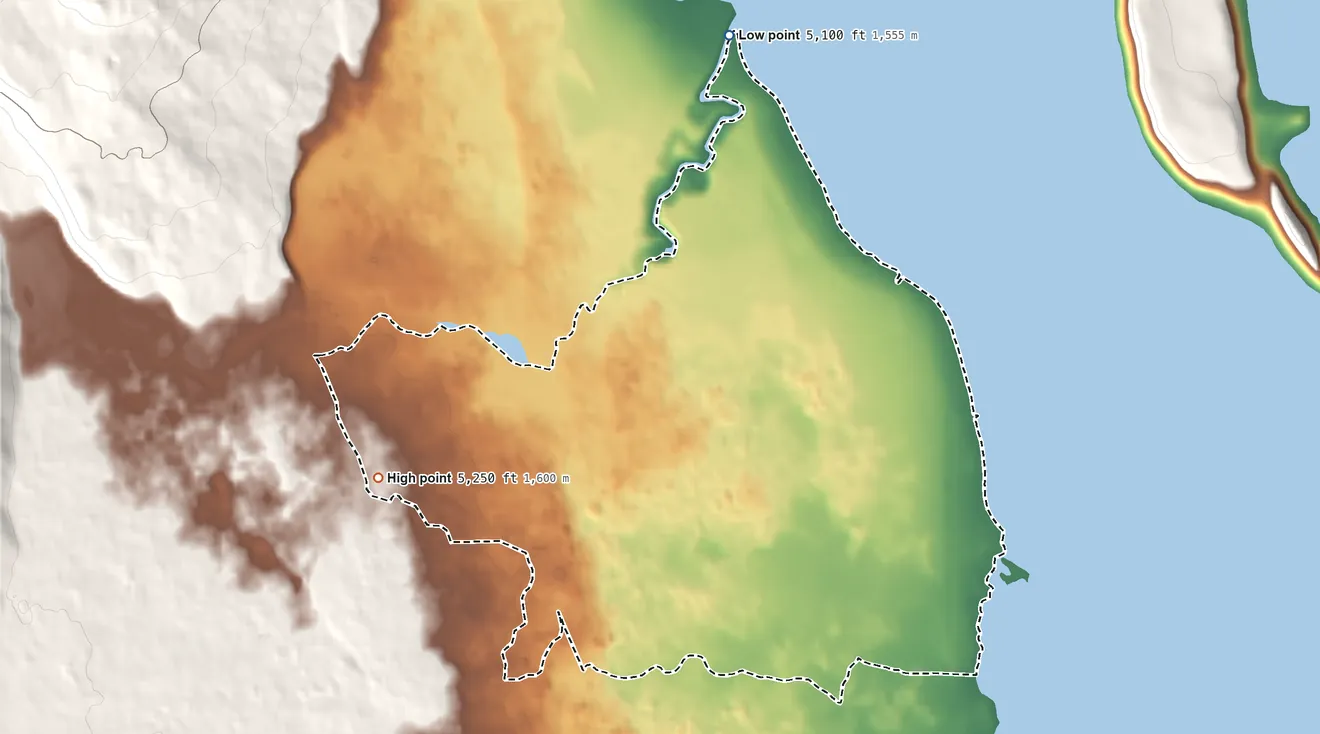 Topographic elevation map of Spaulding, California, shaded from 5,100 ft on the north side to 5,250 ft at the foot of the Bald Hills