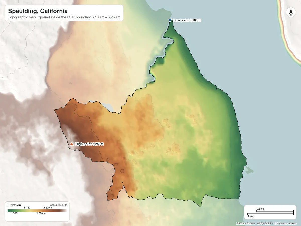 Topographic elevation map of Spaulding, California, shaded from 5,100 ft on the north side to 5,250 ft at the foot of the Bald Hills