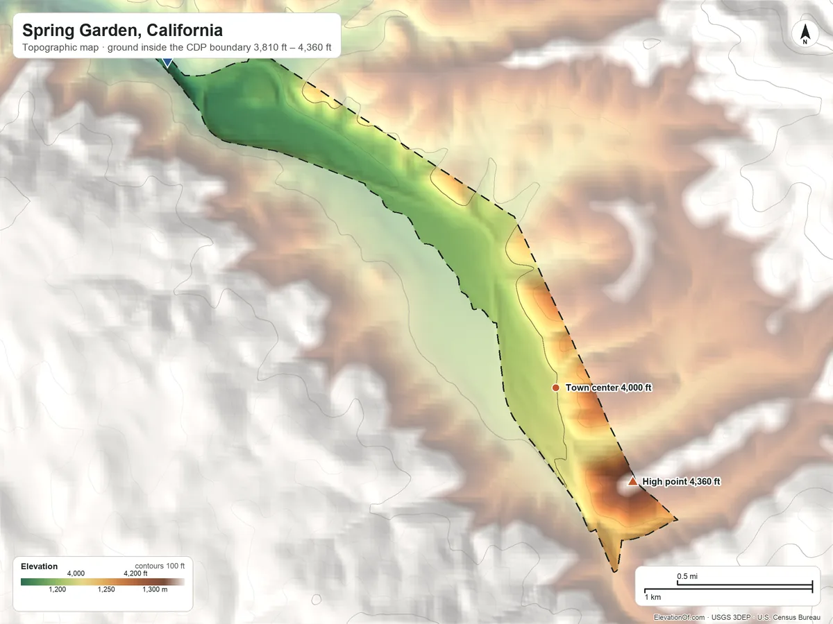Topographic elevation map of Spring Garden, California, shaded from 3,810 ft on the northwest side to 4,360 ft on the southeast edge, below higher ground just outside