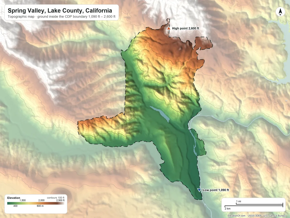 Topographic elevation map of Spring Valley, Lake County, California, shaded from 1,090 ft on the southeast side to 2,600 ft on the north edge, below higher ground just outside
