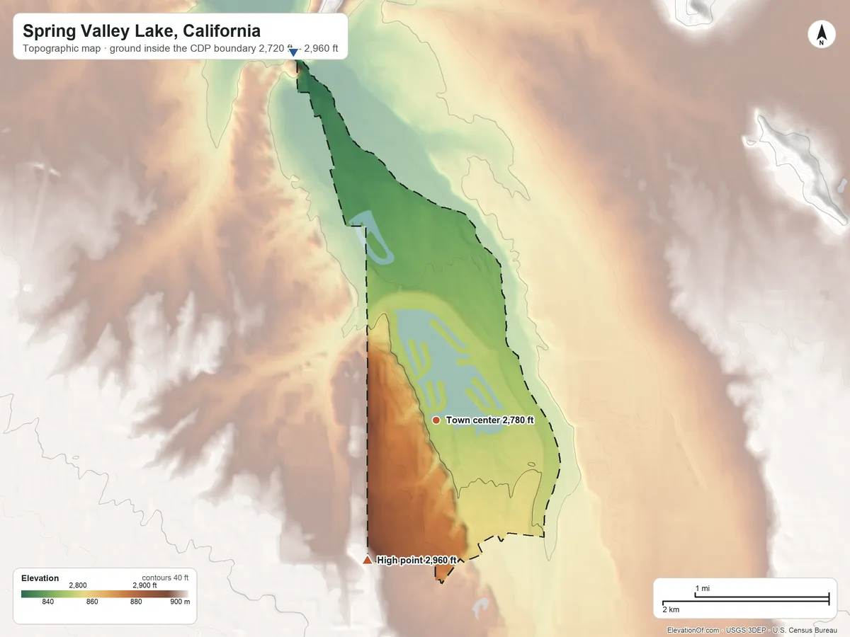 Topographic elevation map of Spring Valley Lake, California, shaded from 2,720 ft on the north side to 2,960 ft on the southwest side
