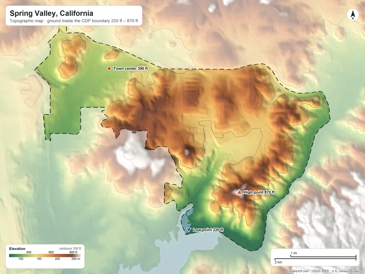 Topographic elevation map of Spring Valley, California, shaded from 220 ft on the southeast side to 870 ft at the foot of the Jamul Mountains