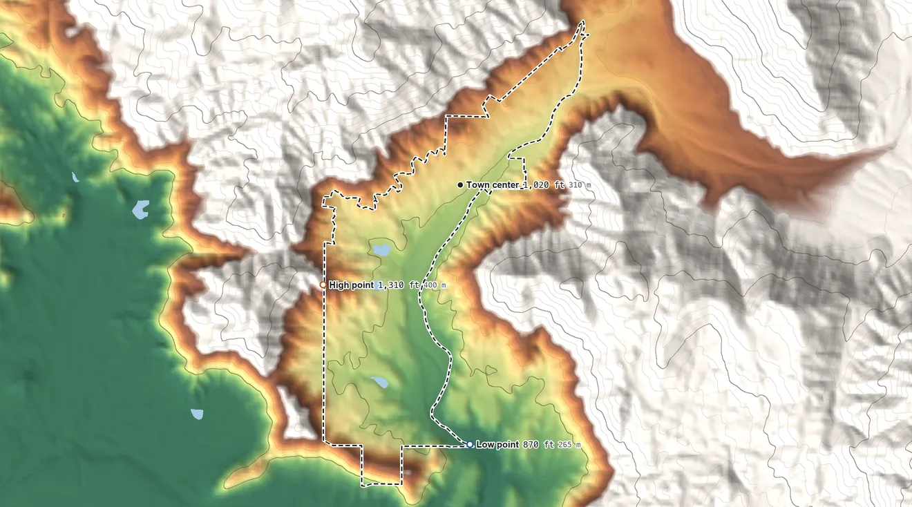 Topographic elevation map of Springville, California, shaded from 870 ft on the south side to 1,310 ft on the southwest edge, below higher ground just outside