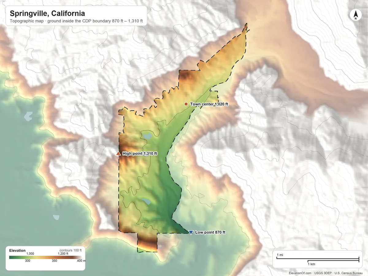 Topographic elevation map of Springville, California, shaded from 870 ft on the south side to 1,310 ft on the southwest edge, below higher ground just outside