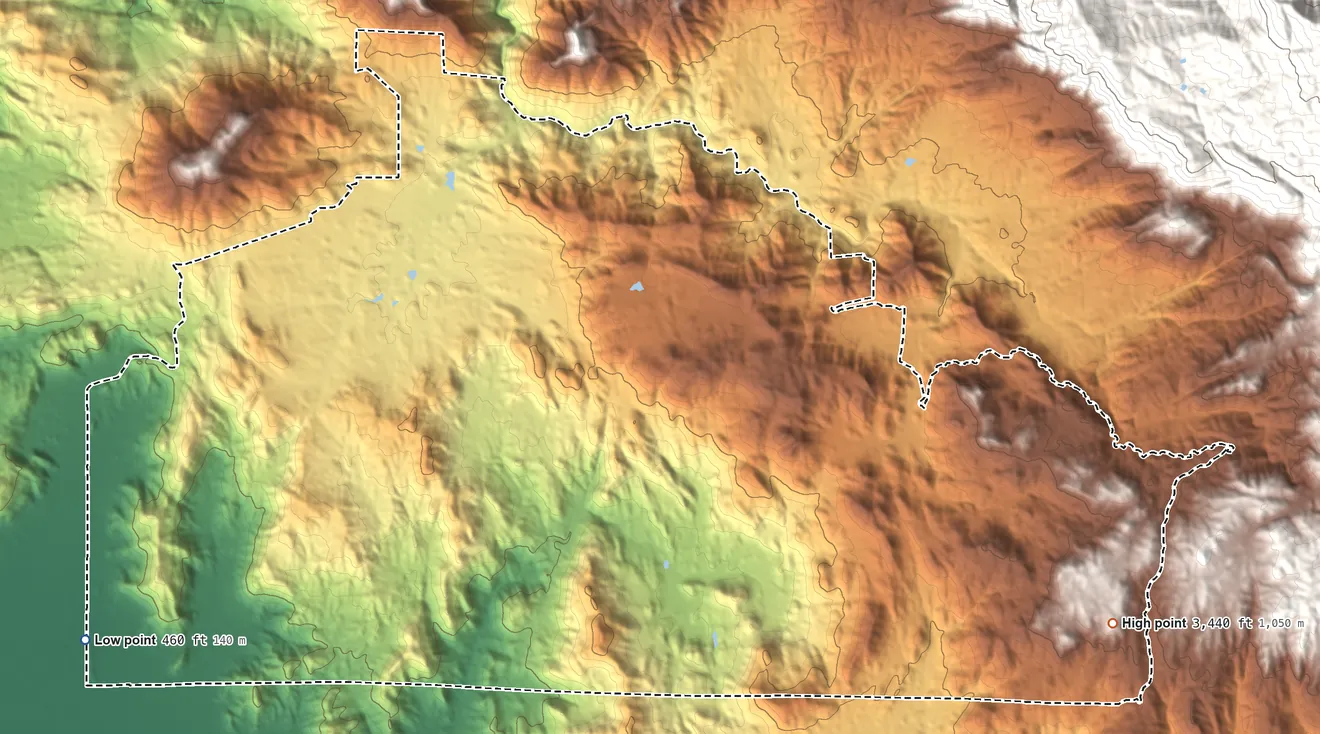 Topographic elevation map of Squaw Valley, California, shaded from 460 ft on the west side to 3,440 ft on the east side