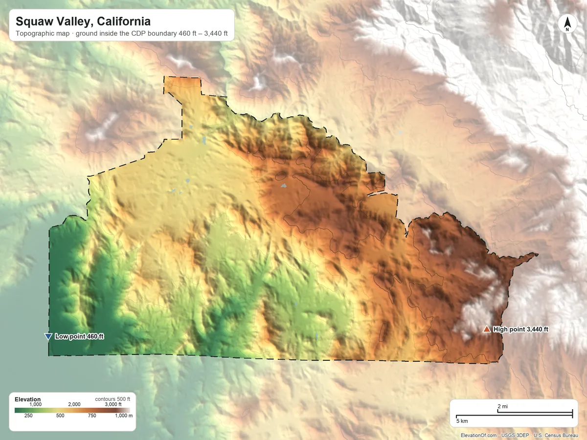 Topographic elevation map of Squaw Valley, California, shaded from 460 ft on the west side to 3,440 ft on the east side